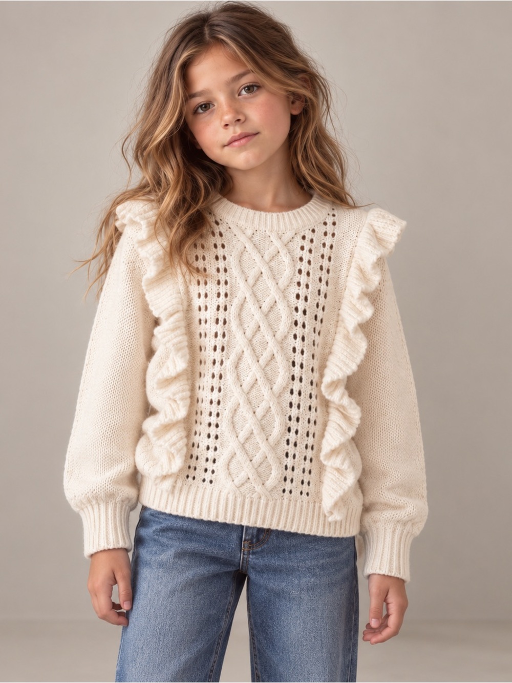 Girls' Cream Cable Knit Ruffle Sweater ~ size 5-6